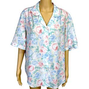 Vintage Nikki Womens 18 Blue Pink Floral‎ Button Up Short Sleeve Blouse Shirt